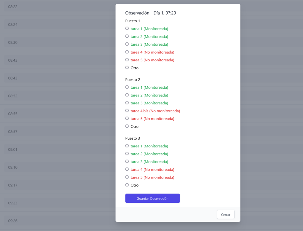 Pantalla de Worksamp mostrando plan de observación aleatoria con notificaciones push